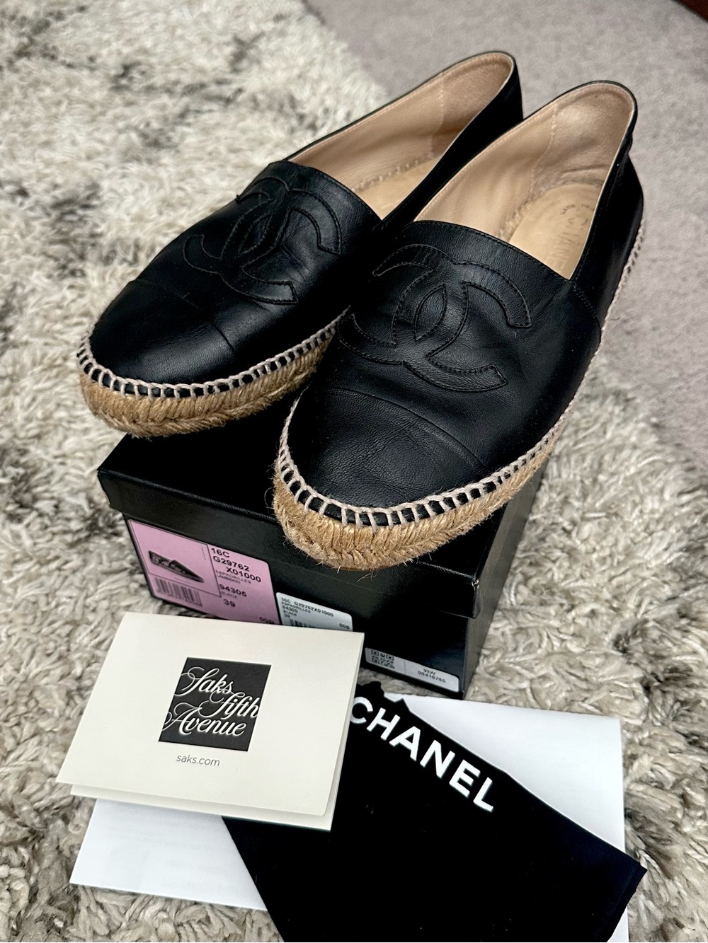 Chanel Black Leather Espadrille Flats 39